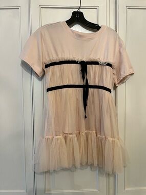 Anthropologie Pale Pink Tulle Babydoll Top with Black Trim